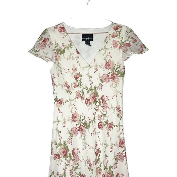 ๐ธ Vintage White Floral Midi Dress V Neck Slant Hem Romantic Cottagecore Sz 8 - Picture 3 of 9